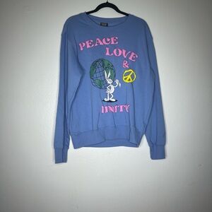 Looney Tunes Bugs Bunny Sweatshirt pullover crew neck Blue Peace Love Unity M